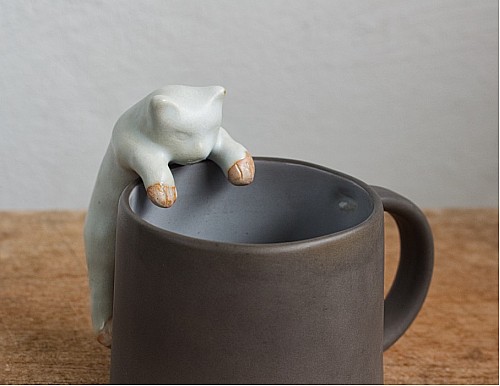 Cat Figurine Hanging on Mug, Matte Glaze